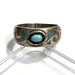 🥀🪺Stunning Vintage Old Pawn Navajo Turquoise & Coral Sterling Silver Ring